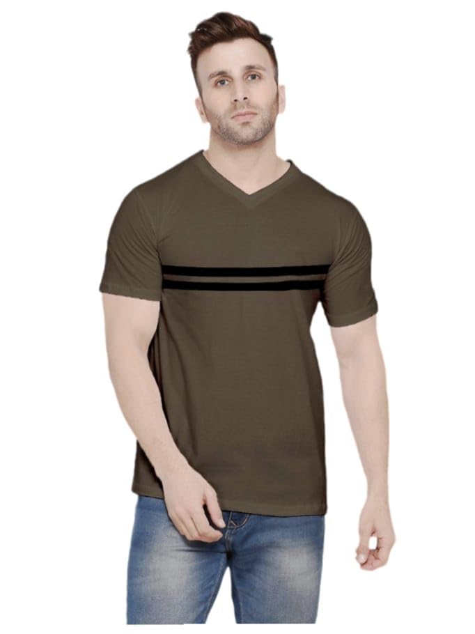 COTTON High Density Men's Cotton Striped Regular Fit V Neck Half Sleeve Casual T-Shirt for Daily use Olive