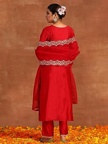 INDO ERA Women's Red Embroidered Straight Kurta Palazzo with Dupatta Set (IEOUT4697_XX-Large)