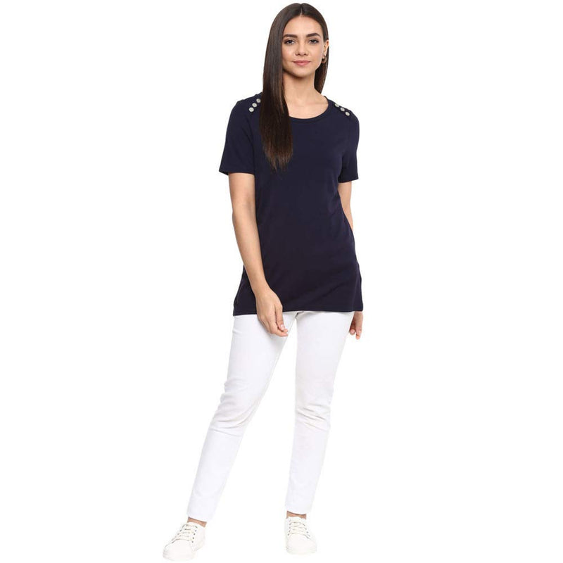 Vero Moda Women's Plain Regular fit T-Shirt (2052734006_Night Sky Small)