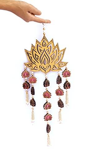 StepsToDo Lotus Flower Wind Chime with White Beads and Mini Lotus. Hand Made and Hand Painted. Golden Hanging Wooden Lotus for Wall and Window Decoration. (1)