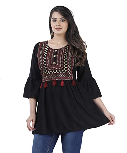 NANAK FEB Women's Rayon Casual Wear Printed Short Kurti/Tunic/Top for Girls Black