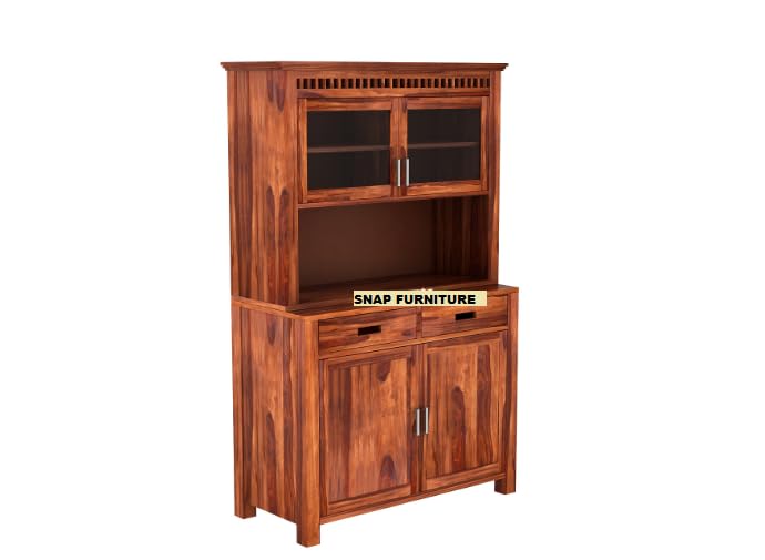 NEW LOOK FURNITURE Solid sheesham Wood Kitchen Crockery Cabinet with Drawer, Shelf and Doors for Storage Unit Wooden Sideboard Storage Cabinet for Home and Kitchen -Honey