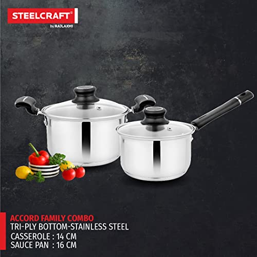 Steelcraft Premium Stainless Steel Gas Stove and Induction Friendly Accord Cookware Set /1 Pc Sauce Pan16 cm(1200ml) / 1 Pc Casserole 14 cm(850ml) with Glass lid, Silver, Set of 2