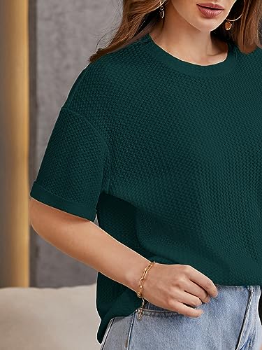 Zilcon Womens Cotton (Waffle) 2023 Summer Spring Half Sleeve Round Neck Casual Loose Tunic Tops Blouses (X-Large, Teal Green)