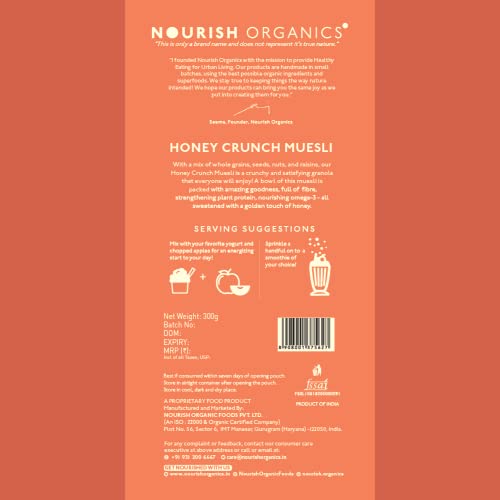 Nourish Organics Honey Crunch Muesli, 300g Pack | Healthy and Nutritious Breakfast Cereals with Whole Nuts | No Refined Sugar | Clean Label