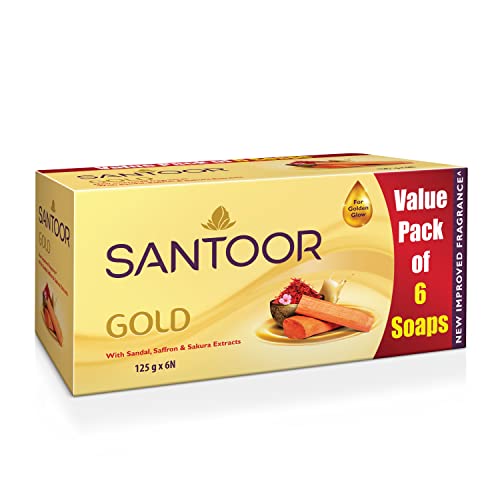 Santoor Gold Bathing Bar Soap with Kashmiri Saffron, Sandal & Sakura Extracts for Soft & Youthful Skin| Gentle & Rich Lathering Formula with Refreshing Fragrance| For All Skin Types (125g, Pack of 6)