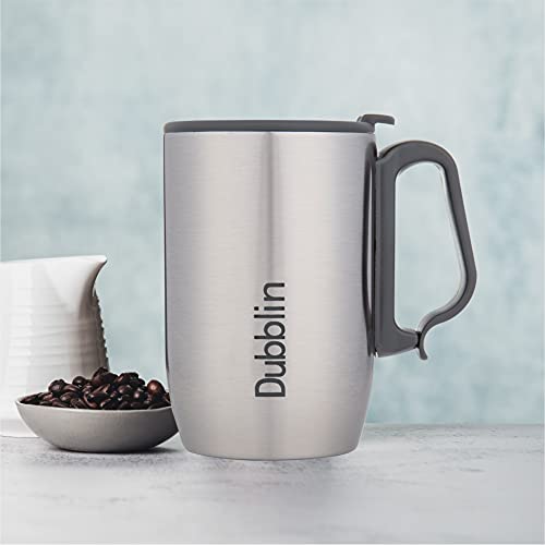 DUBBLIN Refresh Stainless Steel Unbreakable Tea Coffee Mug Double Wall Insulated with Handle and Lid, Wide Mouth Mug Keeps Beverages Hot & Cold 350 ML Silver