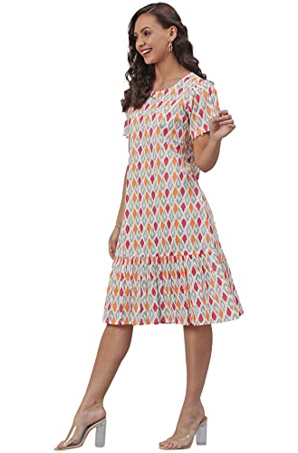 Janasya Women's Off White Cotton Printed A-line Western Dress(JNE3905-DR-XL)