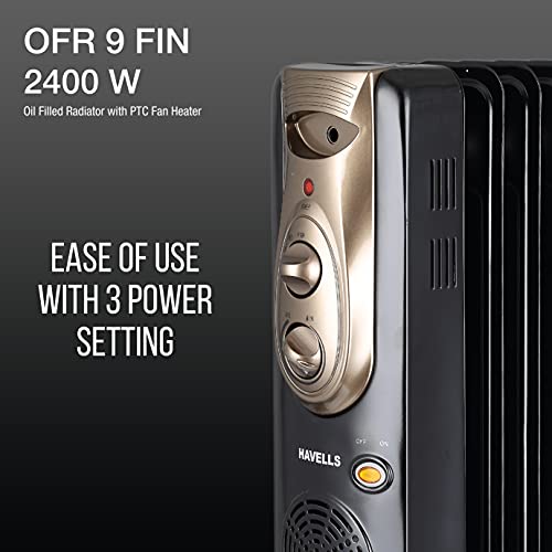 Havells OFR - 9Fin 2400-Watt PTC Room Heater with Fan (Black,Oil Filled Radiator)