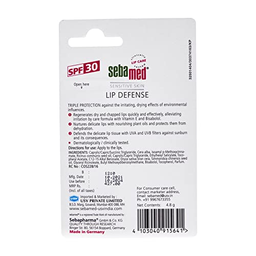 Sebamed Lip defense 4.8gm | SPF 30 |Lip balm for Dry & Chapped lips with natual oil & Vitamin E | UV protection | Dermatologically tested