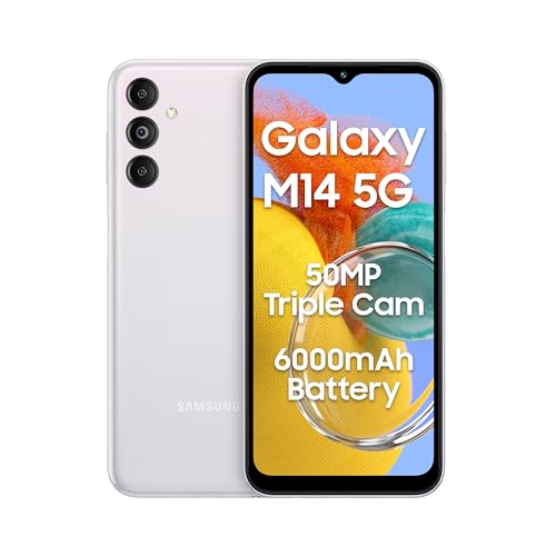 Samsung Galaxy M14 5G (ICY Silver,6GB,128GB)|50MP Triple Cam|Segment's Only 6000 mAh 5G SP|5nm Processor|2 Gen. OS Upgrade & 4 Year Security Update|12GB RAM with RAM Plus|Android 13|Without Charger