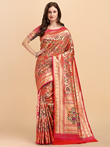 Jaanvi fashion Women's Silk With Zari Work Saree With Blouse Piece(tarang-paithani-pink)