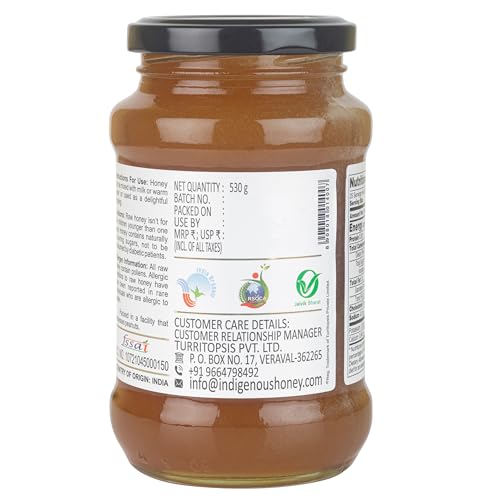 INDIGENOUS HONEY Raw Organic Honey NMR Tested NPOP Organic Certified Pure Natural Unprocessed Original Honey - 530 g Glass Jar (Pack of 1)