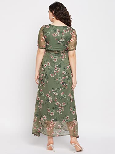 Serein Women's Maxi Dress (Green Floral Printed Chiffon Dress with Short Puff Sleeve) (Medium, Green) (SER-DRESS-CI-1-M)