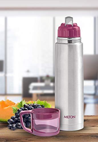 Milton Glassy 1000 Thermosteel 24 Hours Hot and Cold Water Bottle with Drinking Cup Lid, 1 Litre, Pink | Leak Proof | Office | Gym | Home | Kitchen | Hiking | Trekking | Travel