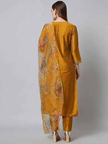 VredeVogel Women's Embroidered Silk Blend Kurta Pant and Dupatta Set (Mustard_Small)