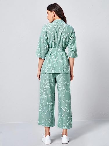 GRECIILOOKS Women Co Ord Set| Collared Self Belted Allover Print| Half Sleeve Shirt| Straight Shirt with Belt| Women Two-Piece Outfits| Summer Wear| Outdoor Wear (XX-Large, Light Green)