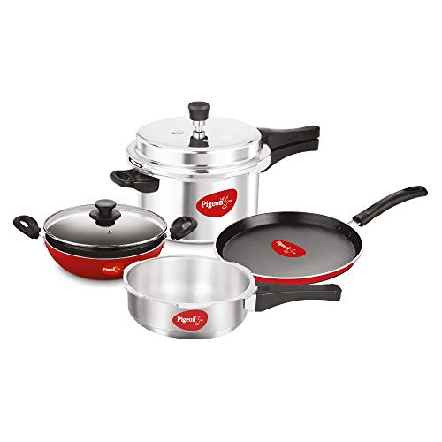 Pigeon by Stovekraft Induction Base 4-in-1 Starter Kit, Silver, Aluminium (Pressure Cooker, Pressure Pan, Tawa, and Kadhai Set)