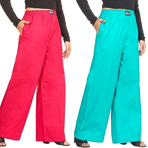 BLUE BLISS Womens Cotton Palazo Pant Plain Pack of 2 (S, Green and Pink)