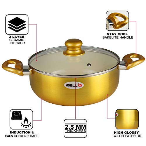 iBELL CS26C Ceramic Casserole 5.0 Litres with Glass Lid, Induction & Gas Compatible Cookware, 2.5mm Thickness, 3 Layer Ceramic Interior, Golden Finish