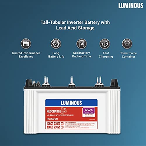 Luminous Inverter & Battery Combo (Eco Watt Neo 700 Square Wave 600VA/12V Inverter with Red Charge RC 15000ST Short Tubular 120Ah Battery) for Home, Office & Shops