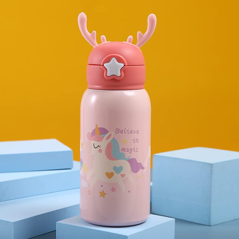 Star Work Sipper Water Bottle for Kids | Bottle Holder Bag with Carry Strip to Hang | Two Caps | Stainless Steel | Vacuum Insulated Double Walled Themo Flask Hot and Cold Water (Baby Pink)