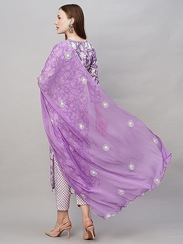 GoSriKi Women's Cotton Blend Floral Straight Kurta with Pant & Dupatta (MEI Purple-NW-GS