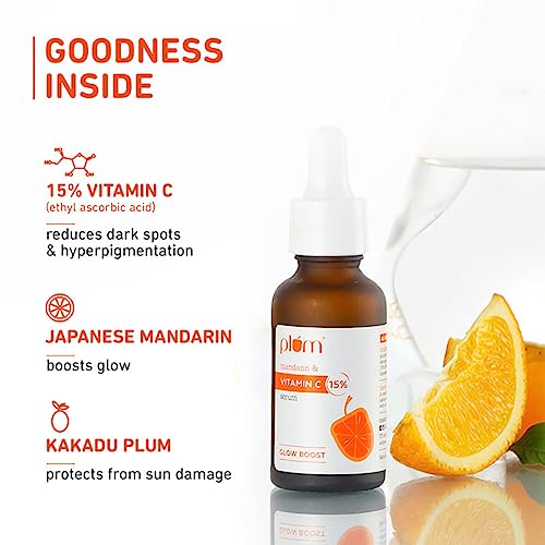 Plum 15% Vitamin C Face Serum with Mandarin (30 ml) | For Glowing Skin | With Pure Ethyl Ascorbic Acid | For Hyperpigmentation & Dull Skin | Fragrance-Free