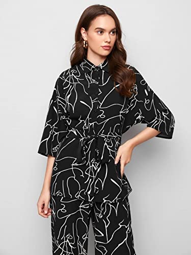 GRECIILOOKS Women Co Ord Set| Collared Self Belted Allover Print| Half Sleeve Shirt| Straight Shirt with Belt| Women Two-Piece Outfits| Summer Wear| Outdoor Wear (X-Large, Black)