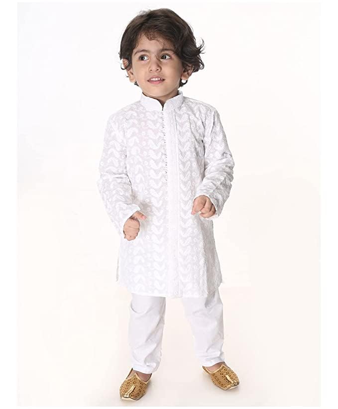 TAN ANSH Boys Pure Cotton White Kurta Pajama For Kids Ethnic Wear Handloom Design Embroidary (18-24 Months)