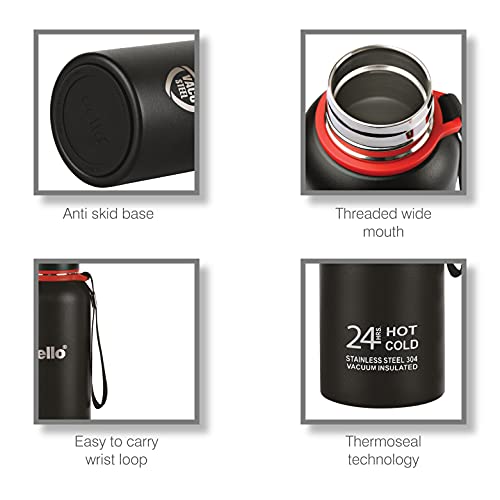 Cello Duro Tuff Stainless Steel Series Kent Flask, 550ml Black | Hot and Cold Stainless Steel Water Bottle | Scratch Resistant DTP Coating Flask |Vacuum Insulated Bottle for Travel, Home, Office