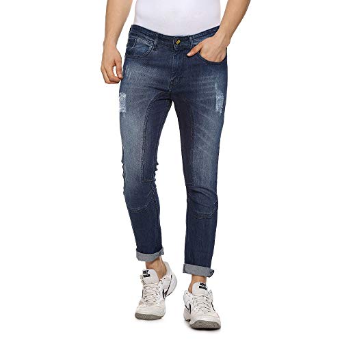 Campus Sutra Men’s Classic Blue Dark-Washed Distressed Patterned Regular Fit Denim Jeans Premium Stretchable Cotton Mid-Rise Crafted with Comfort Fit and High Performance for Everyday Wear