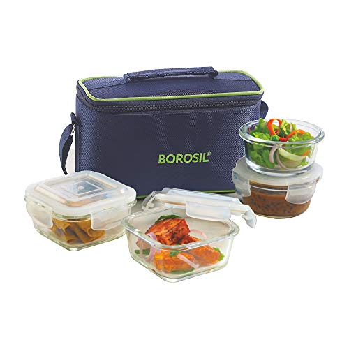 Borosil Glass Universal Microwave Safe Office Lunch Box (Bag Color: Blue, Container Color: Transparent, 2pcs 320 ml sq. + 2pcs 240 ml Round) Set of 4