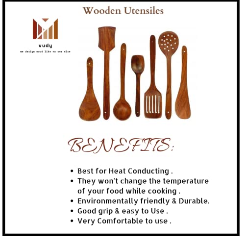 Vudy 7 PCS Wooden Spoons and Spatula for Cooking, Sleek, Sold and Non-Stick Cookware for Home Use and Kitchen Décor