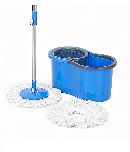 AVZEEGO Bucket Floor Cleaning and Mopping System Spin Mop Prime with Big Wheels and Stainless Steel Wringer,2 Microfiber Refills, (Blue)