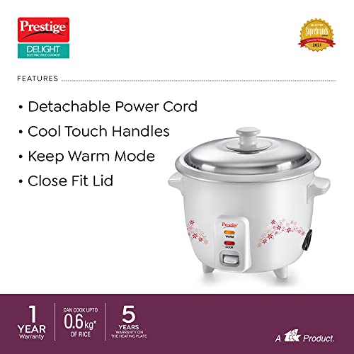 Prestige Delight PRWO 1.5 L Electric Rice Cooker|Detachable power cord|Durable body|Cool touch handles|White| Raw capacity-0.6L|Cooked capacity-1.5 L|Cooks for a family of 4 to 5 members