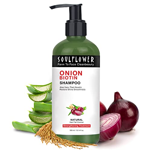 Soulflower Onion Biotin Shampoo| Hair Growth & Scalp Nourishment, Hair Fall & Dandruff| Aloevera, Plant Keratin, Reetha, Shikakai & Neem - SLS & Paraben Free| 300ml