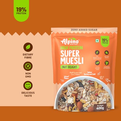 ALPINO Super Muesli Nut Delight 400g - 69% Whole Grain, 20% Dried Fruits & Nuts - Finest Nuts & Raisins, No Sugar Infused Fruits - High in Protein, Source of Fibre, Vegan - Breakfast Cereal