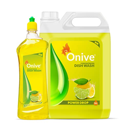 Onive PowerDrop Dish Wash Liquid Gel 5 Litres + 1 Litre Refill Pack Combo Offer, Power of Lemons, Leaves No Residue, Grease Cleaner for All Utensils, Concentrated Dishwash Liquid Kitchen Soap