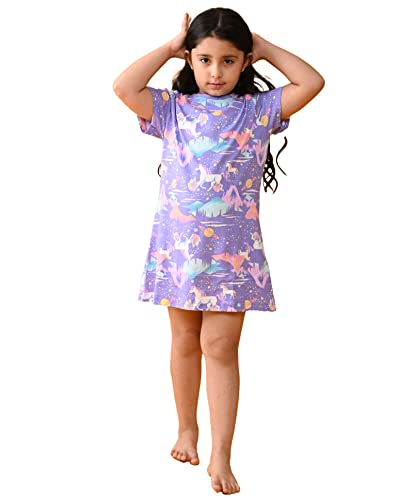 ANTHRILO Unicorn Planet Night Dress & Night Suits for Girls Long Vintage Soft Cotton Sleepwear, Half Length Nightdress for Kids 10-12 Years Purple