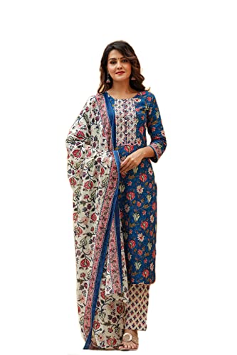 Vaamsi Women's Cotton Blend Floral Printed Straight Kurta Pant with Dupatta (VKSKD1238_Blue_L)