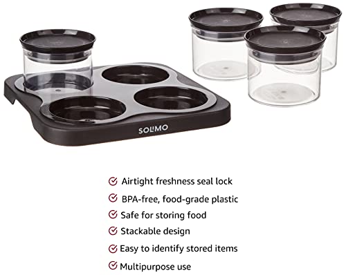 Amazon Brand - Solimo Airtight Plastic Storage Container Set, With 4 Containers (500ml) & Serving Tray, BPA Free, Black