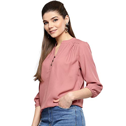 Harpa Women Round Neck Solid Pink Top (GR5691_Pink-Medium)