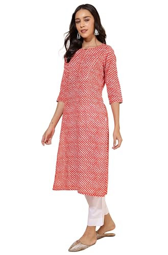 Janasya Women's Red Cotton Striped Straight Kurta(JNE4241-KR-XL)