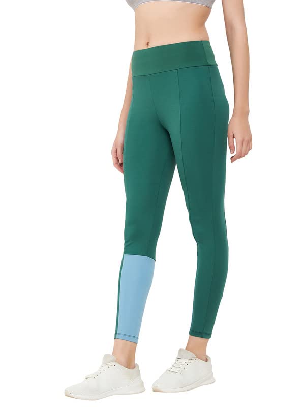 Clovia Women's Snug-Fit High Rise Colourblocked Active Tights (AB0022E17_Green_L)