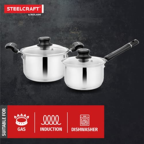 Steelcraft Premium Stainless Steel Gas Stove and Induction Friendly Accord Cookware Set /1 Pc Sauce Pan16 cm(1200ml) / 1 Pc Casserole 14 cm(850ml) with Glass lid, Silver, Set of 2