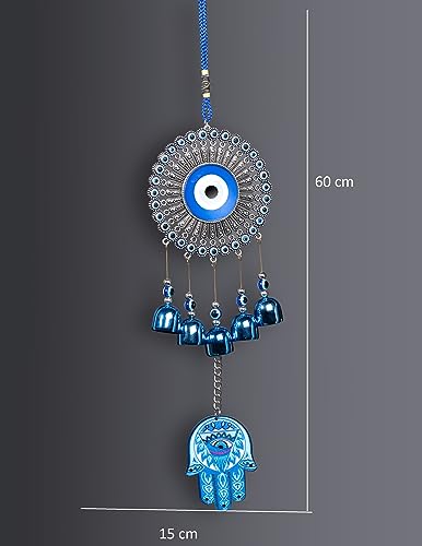 Ryme Feng Shui Evil Eye Wind Chimes with Bells for Main Door Balcony Wall Hanging for Positive Vibes & Removes Negative Energy (Hamsa Hand1)