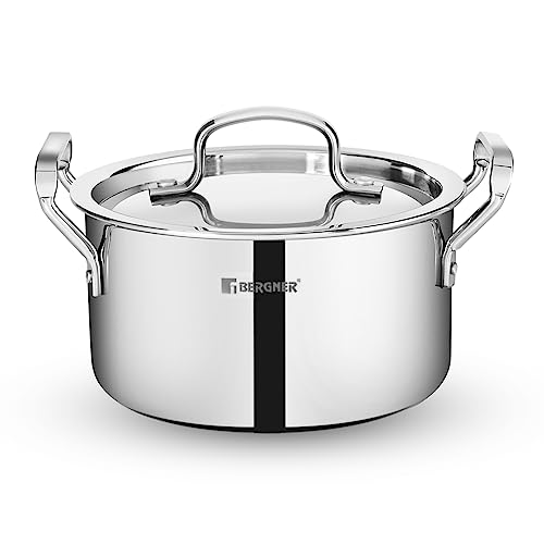 Bergner Tripro Triply 28 cm Casserole, 3.8 L Capacity, Stainless Steel Lid, For Biryani/Pulao/Halwa/Curries, Wide Handles, Induction & Gas Ready, Laser-Etched Scale, Multi-Layered & Polished, 5-Year Warranty