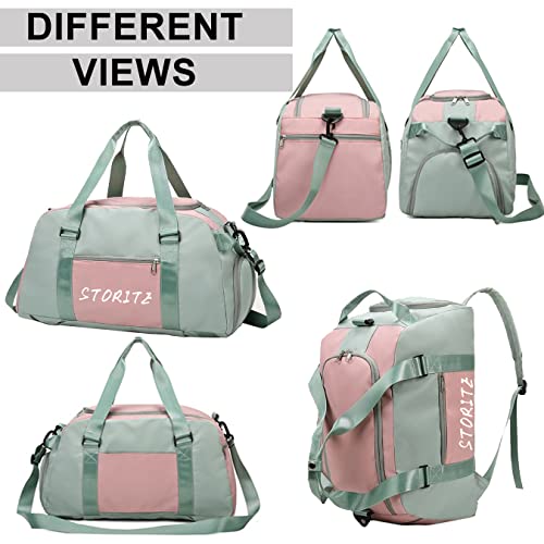 Storite Nylon 46 Cm Multi Purpose Travel Duffle Bag for Women with Dry and Wet Separate Pocket, Lightweight Waterproof Backpack Carry Luggage Bag with Shoe Compartment (GreenPink, 46x23x25 cm)