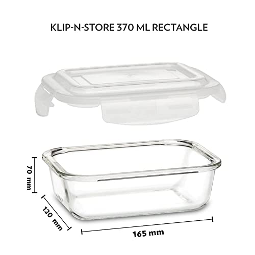 Borosil Klip N Store Glass Storage Container For Kitchen With Air-Tight Lid, Microwave & Oven Safe, Rectangular, 370 ml, Clear